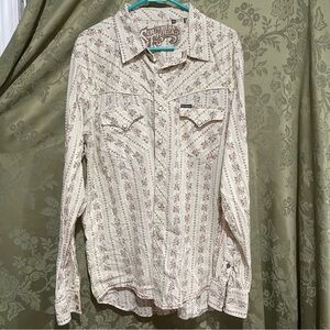 Southern Thread Women’s XL pearlsnap shirt pink/white floral embroidery design